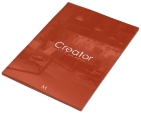 Ikona katalogu marki Creator - broszura z napisem i zarysem mebli biurowych.